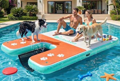 8x5ft Extra Large Inflatable Dog Dock & Boat Ramp for Multiple Large Dogs 600 LBS Load Capacity with Anti-Slip EVA Foam & Built-in Ice Bucket Compartment Dog Water Ramp for Pool Boat Beach Orange