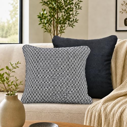 Image of Reversible 24x24 Inch Black Cotton Argyle Woven Pack of 2 Fashion Throw Pillow Covers Cases for Couch Sofa Home Decoration | 60 x 60 cm
