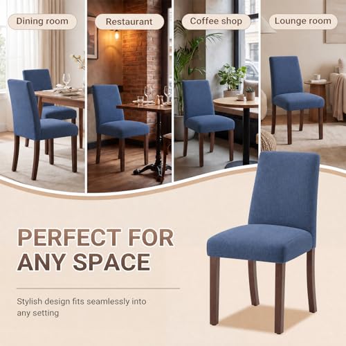 Image of Upholstered Dining Chairs Set of 4, Mid-Century Dining Room Chairs with Wooden Legs, Farmhouse Fabric Parsons Chairs for Small Space Restaurant & Cafe- Blue