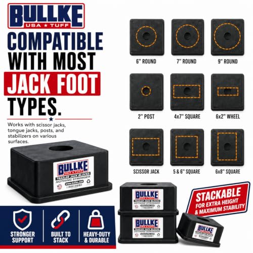 Image of BULLKE Square Trailer Jack Block 1-Pack, USA-Made Heavy Duty RV Leveling Block, Stabilizing Jack Pad for Camper, 5th Wheel, Tongue Jack, Post Jack, Foot Jack & Scissor Jack, Recycled Plastic