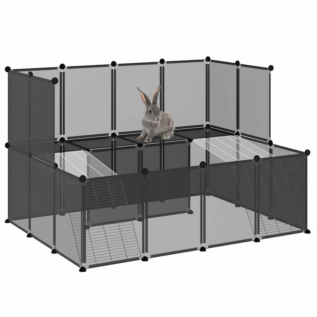 Jaula negra para animales pequeños, 143 x 107 x 93 cm, de polipropileno y acero, con 2 niveles, 24 paneles, mazo de madera, adecuado para conejos, cobayas, hámsters, casa de roedores, rueda