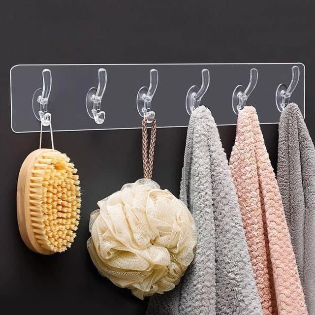 ELEXA Self Adhesive 6 Hook Sticker Strip for Wall Hanging Heavy Duty Transparent Sticky Hooks Patti Reusable Multipurpose Wall Hook Strip for Kitchen, Bathroom, Bedroom & Office Use (Pack of 2)