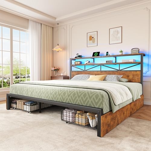Image of Homkdom King Size Bed Frame with Large 4 Drawers, 2-Tier Shelf, LED Light and Charging Station, Heavy Duty Platform Bed with 880 lbs Capacity, Easy Assembly, Vintage Brown