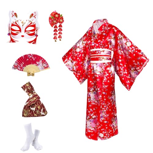 KRUIHAN Kit Kimono Japonés Mujer en Caja de Regalo–Disfraz Geisha Yukata Satinada Sakura Roja,Obi,Abanico,Máscara Kitsune y BBolsa Nudo Japonés–Traje Tradicional para Cosplay,Fiesta y Carnaval