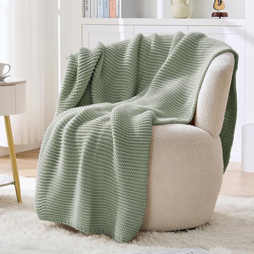 Cable Knit Throw Blanket for Couch, Sage Green Throw Blanket, Soft Cozy Stretchy Reversible Garter...