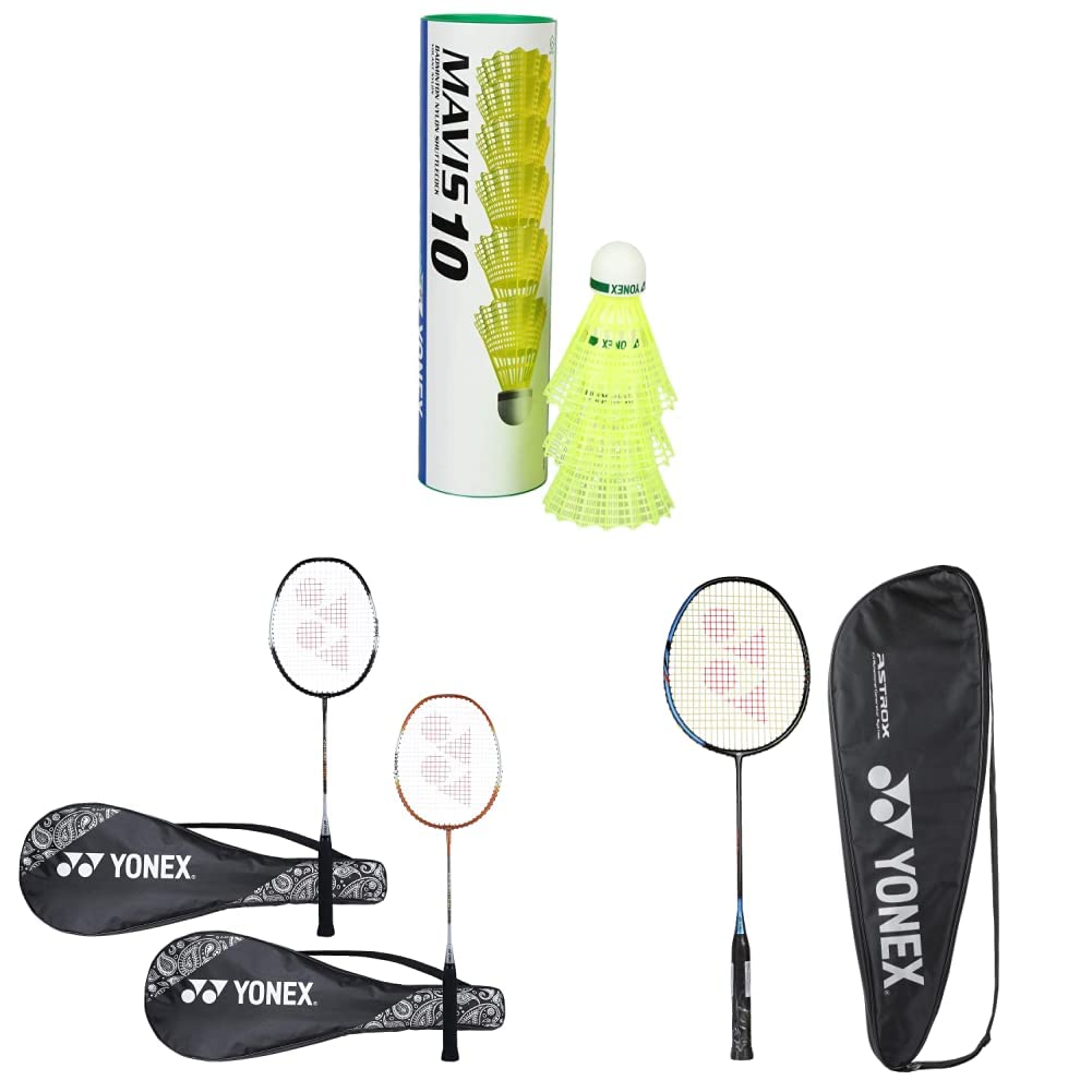 Yonex Mavis 10 Nylon Shuttlecock, Yellow & Graphite Badminton Racquet (Smash Black Ice Blue) & ZR 100 Light Aluminium Blend Badminton Racquet with Full Cover, Set of 2 (Black/Orange)