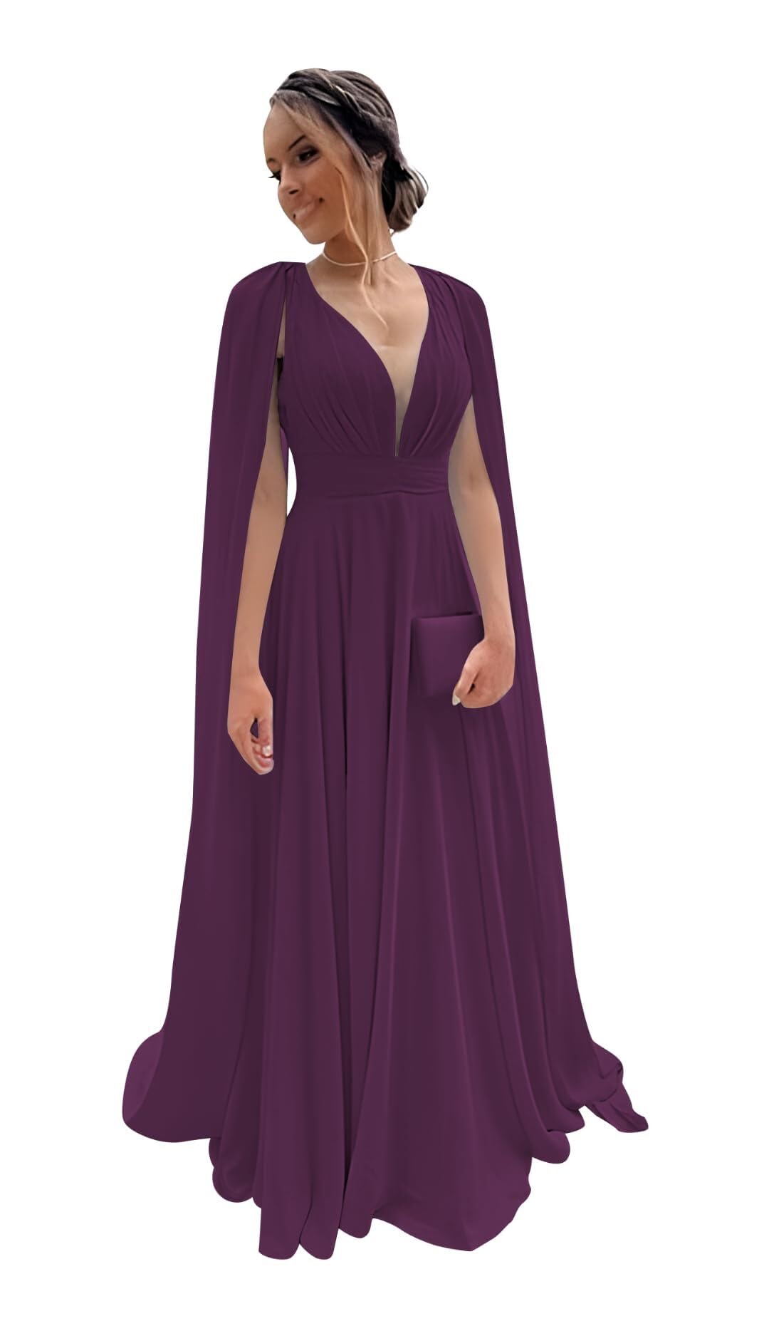 Chiffon Bridesmaid Dress for Women Cape Sleeve V-Neck Formal Evening Gowns with Pocket LBC020