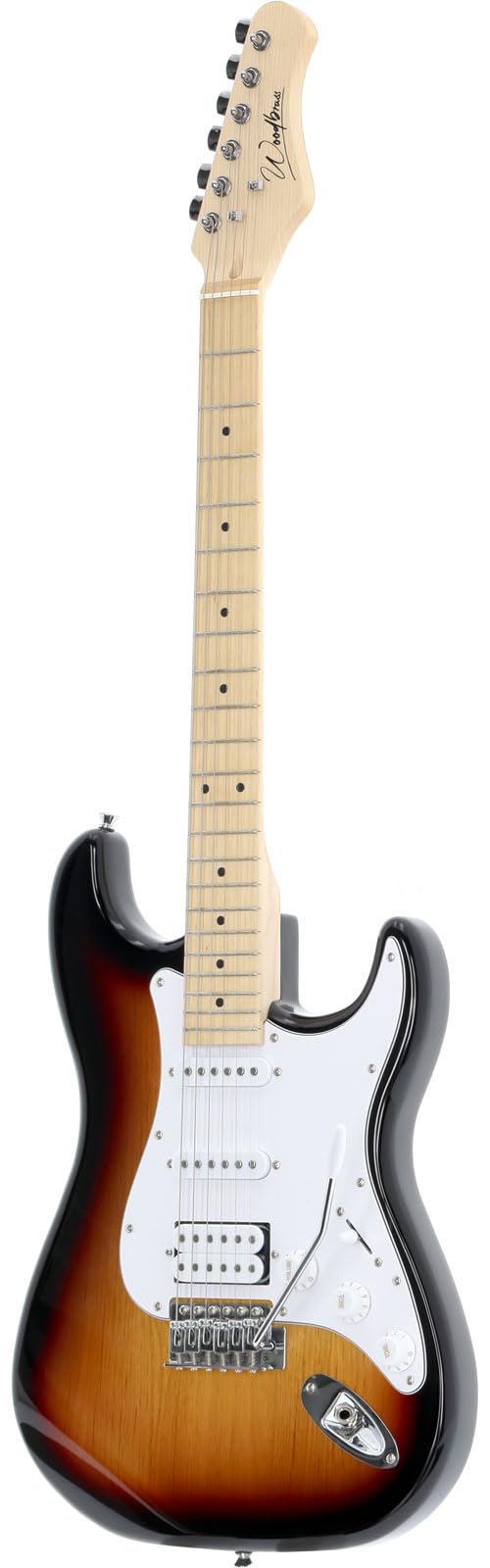 Woodbrass ST100 Sunburst - Chitarra elettrica multiuso ideale per principianti, corpo forma ST tiglio, stile rock, pop, funk, country, hard, metal