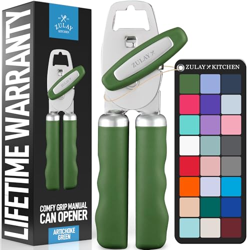 Zulay Kitchen Heavy Duty Stainless Steel Can Opener Manual with Bottle Opener - Rust Proof Manual Can Opener With Turn Knob & Comfy Soft Grip Handles - Artichoke Green