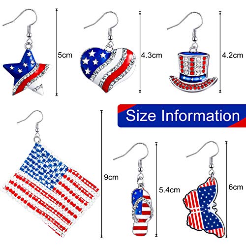 Hicarer 6 Pairs American Flag Earrings for Women USA Patriotic Dangle Earrings for Labor Day, 4th of July Red White Blue Decorations for Party Favors(Stylish Style)2