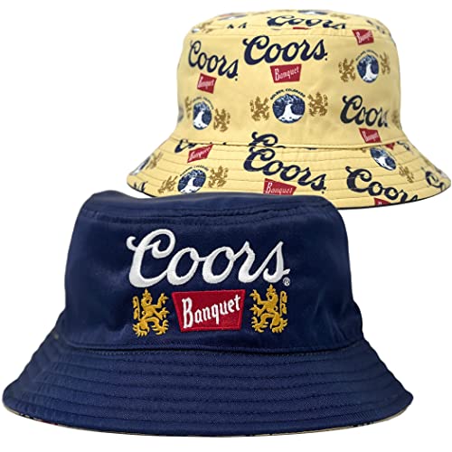 Coors Banquet Beer Brand and All Over Logos Reversible Text Bucket Hat Navy