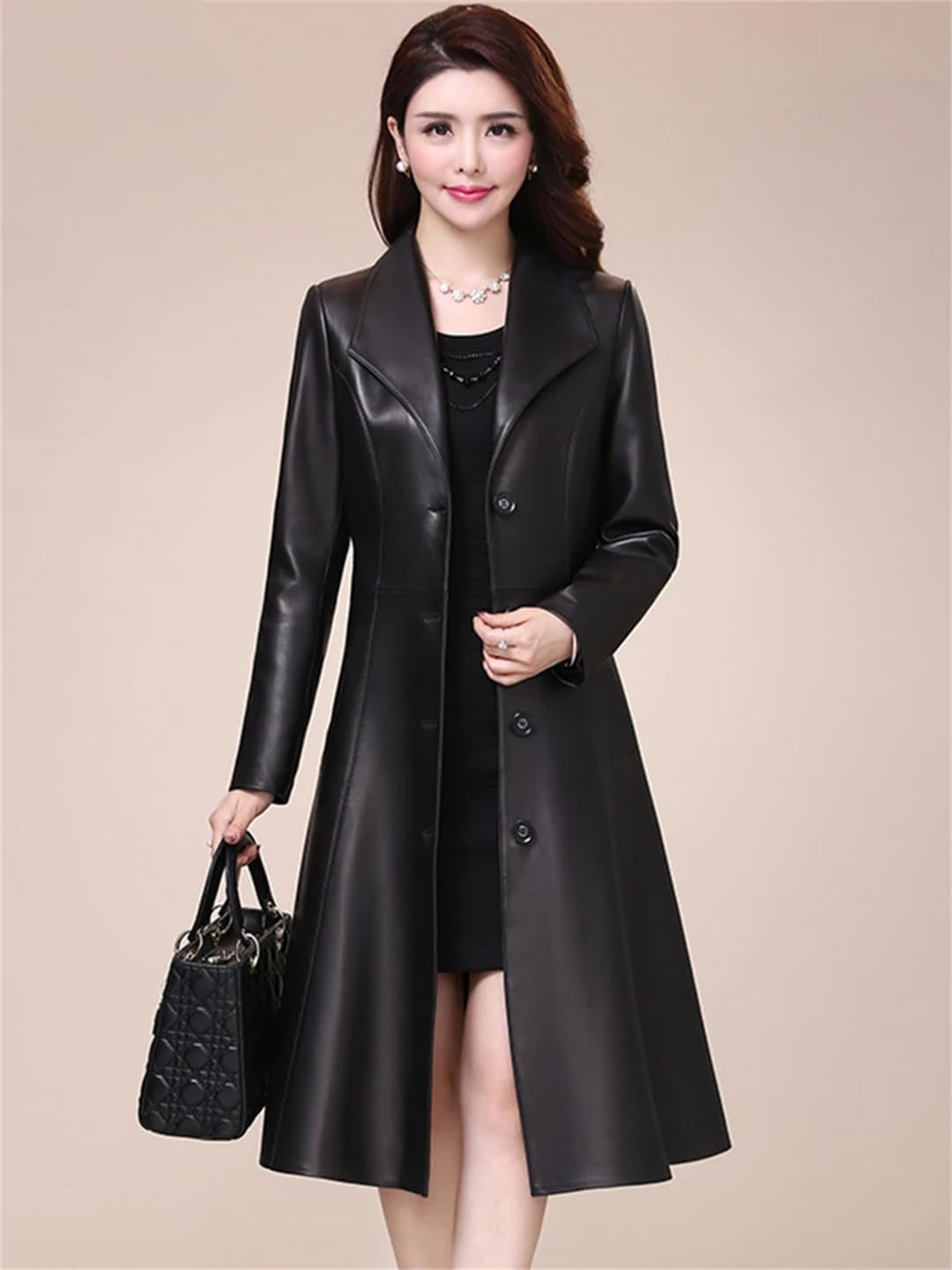 Women Spring Autumn Long Black Soft Faux Leather Coat Long Sleeve Buttons Slim Fit Elegant Leather Jacket