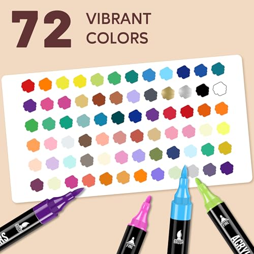 Image of Pagather 72 Colors Acrylic Paint Markers, Dual Tip with Fine Tip and Brush Tip Pens for Stone, Wood, Calligraphy, Canvas, Ceramic, Metal, Glass, Rock Painting, DIY Crafts Art Supplies Kit