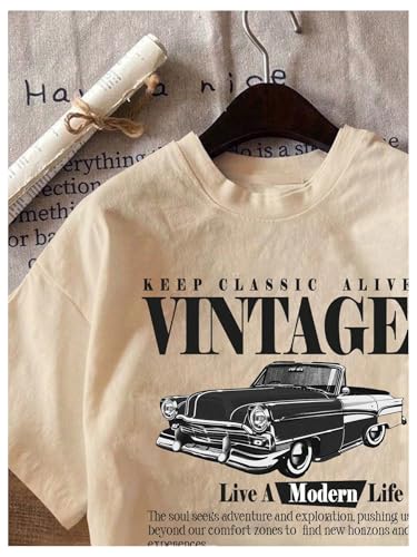 Image of RoseSeek Women's Graphic Letter Tee Crew Neck Drop Shoulder Trendy Summer T Shirt Short Sleeve Vintage Car Print Top