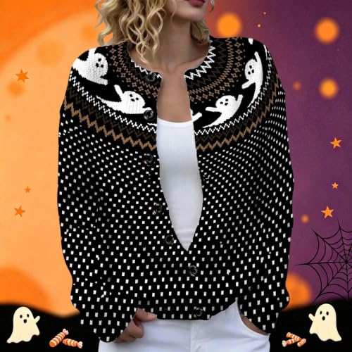 Halloween Sweaters for Women Spooky Season Ghost Graphic Button Fall Knitted Cardigan - image 4