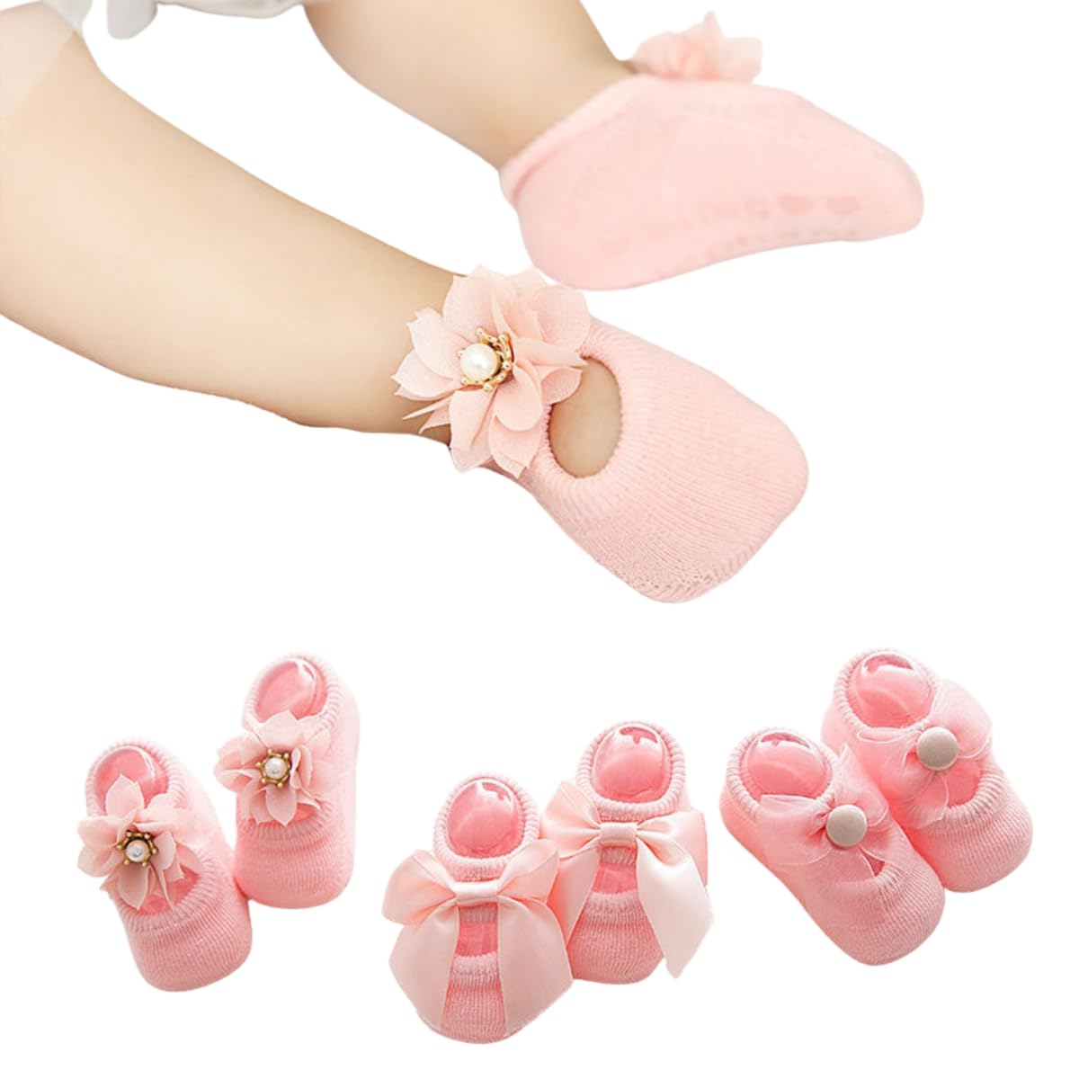 Girls Ankle Length Cotton Lace 3 Pair Baby Toddler Non Skid Socks , Floor Anti Slip Flower Bow Tie Boat Ankle Socks (BS2215D-PK, Pack of 3 Pink)