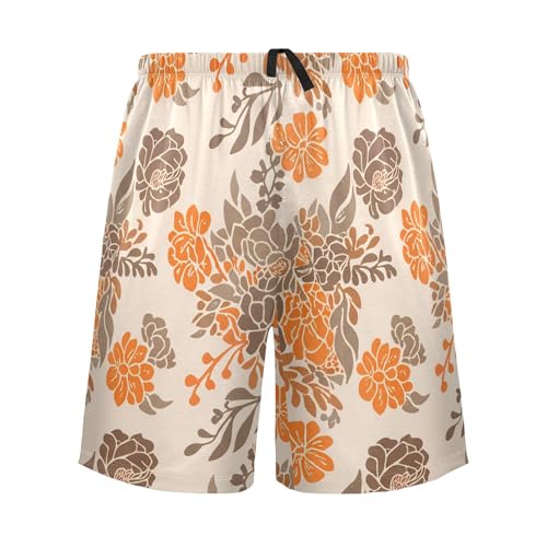 Orange Floral Blossom Pajama Shorts for Men Lounge Pants Lounge Pajama Bottoms Mens Casual Pajama Shorts with Pockets, S-XXL
