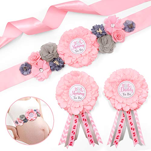 Pink Elephant Maternity Sash Mommy to Be & Daddy to Be Corsage Set Pink Gray Elephant Sash and Pin Set for Pink Baby Shower Baby Girl Pregnancy Flower Belly Belt and Badge Photo Prop Keepsake