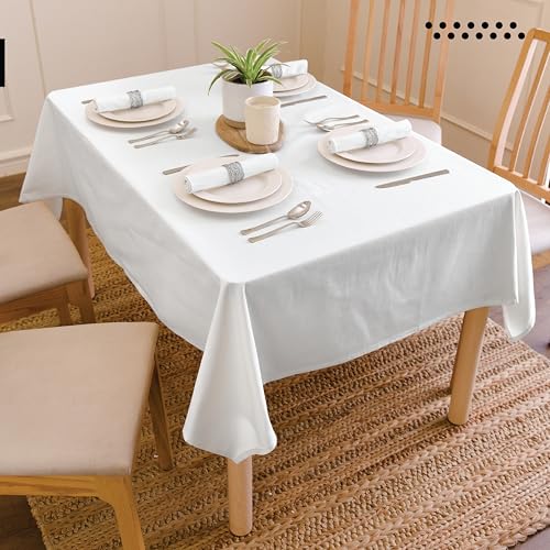 Image of Encasa XO Dining Table Cover Cloth for 4 to 6 Seater | 140x180 cm Cotton Canvas Rectangular Table Cloth | Machine Washable Tablecloth for Indoor & Outdoor Use - White Solid Color