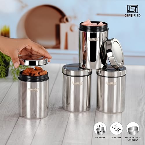 Image of Sumeet ISI Certified Stainless Steel Air Tight Storage Container /Jar /Canister /Dabba with Threading Screw Cap for Kitchen - Pack of 4Pc, 8.3cm, 550ml, Silver