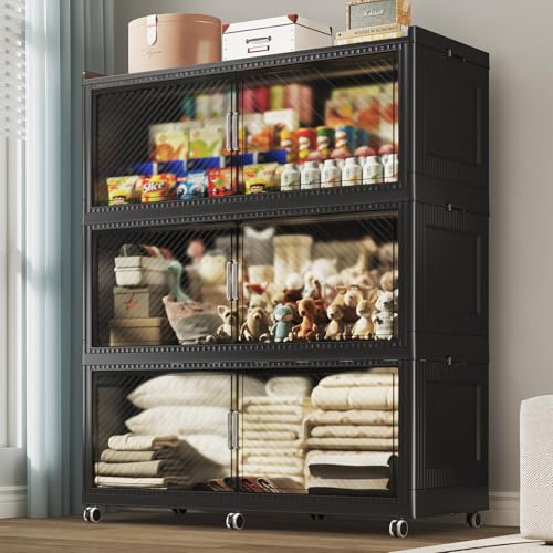 Image of 150 Gallon Extra Large Collapsible Storage Bin with Lid, 960QT Stackable Plastic Organizer with 6x Wheels, Foldable Drawer Cabinet for Closet, Living Room Office, Kitchen 3Pack, Black