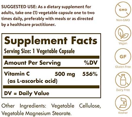 Solgar Vitamin C 500 mg, 100 Vegetable Capsules - Antioxidant & Immune  Support - Overall Health - Supports Healthy Skin & Joints - Non GMO, Vegan,  ...