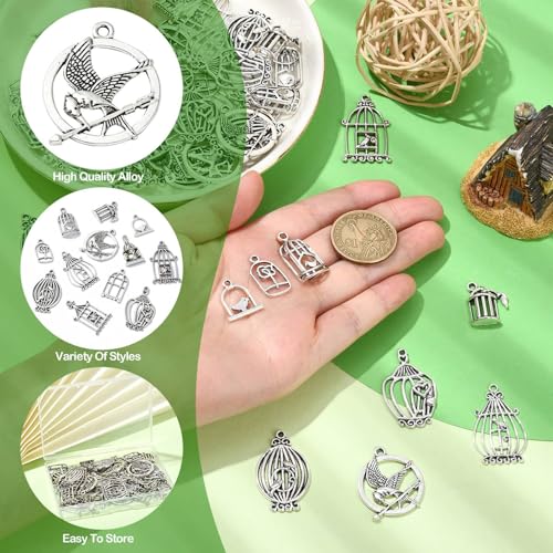 UR URLIFEHALL 60 Pcs 12 Styles Tibetan Style Bird Cage Charms Antique Silver Spring Bird House Charms for DIY Lucky Jewellery Crafts - Image 3