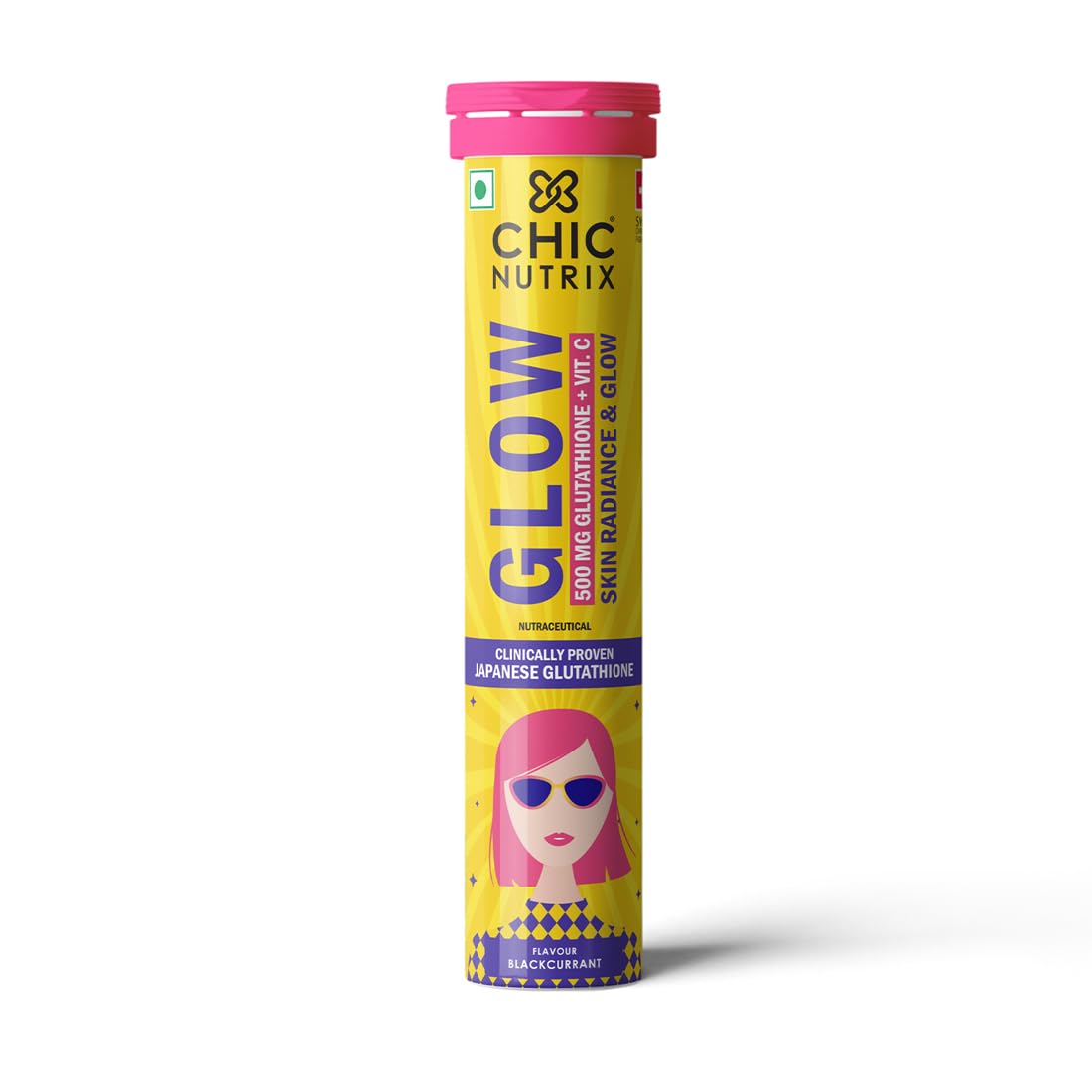 Chicnutrix Glow Glutathione Effervescent Tablets with Vitamin C |Japanese Glutathione 500mg For Radiant, Even-Toned and Glowing Skin | Sugar-Free| Blackcurrant Flavour | 20 Tablets
