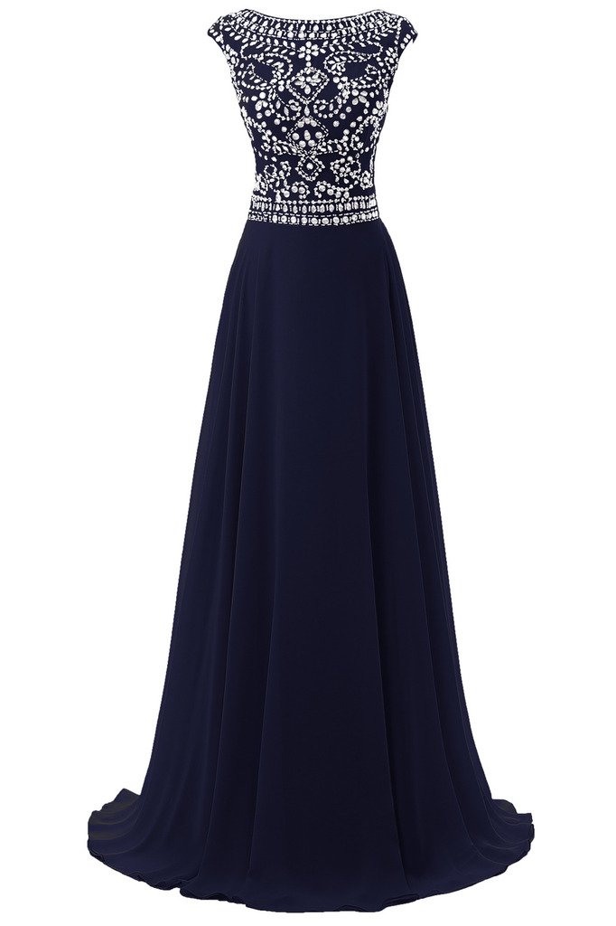 Women's Long Chiffon Bridesmaid Dress Cap Sleeves Beaded Prom Eveing Gown Navy US 20Plus