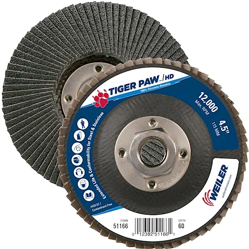 Image of Weiler 51166 Tiger Paw XHD Super High Density Abrasive Flap Disc, Type 27 Flat Style, Phenolic Backing, Zirconia Alumina, 4-1 /2 inch Diameter, 5 /8 inch-11 Arbor, 60 Grit, 12000 RPM (Pack of 10)
