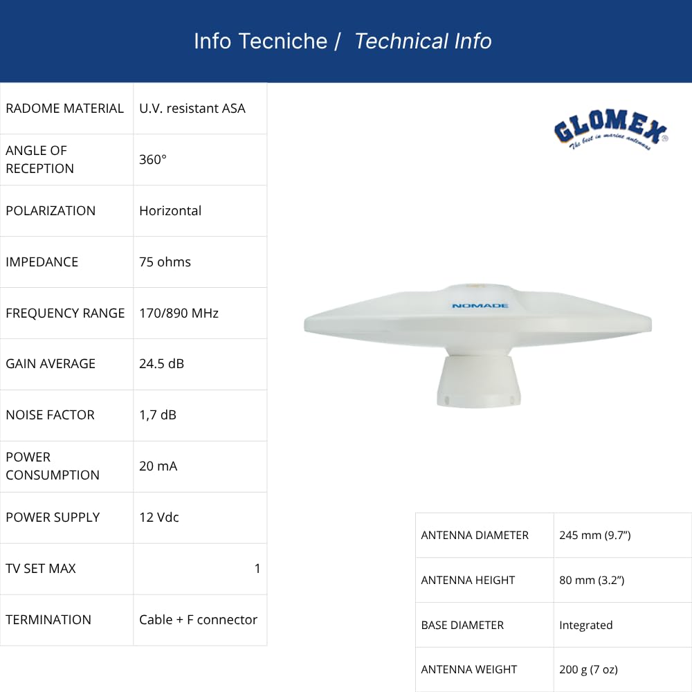Glomex Antena de TV DVB-T2 Omnidireccional Portátil con Amplificador Modelo SGT6000 (Nomade) - 360 °, 12 V, Alta Sensibilidad, para Barcos, RV, Yates
