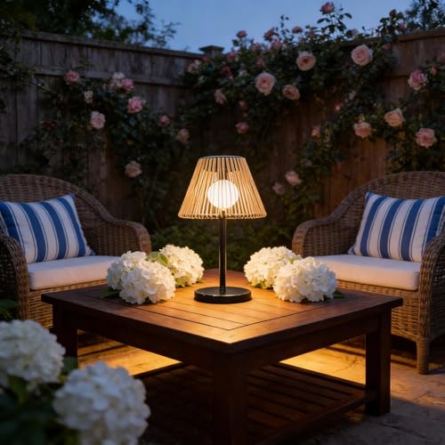 LEOKED Solar Powered Table Lamp Rattan Wicker Shade Khaki Color PP and Iron Material Garden Courtyard Lawn Decor 8.66 x 15.94 Inches