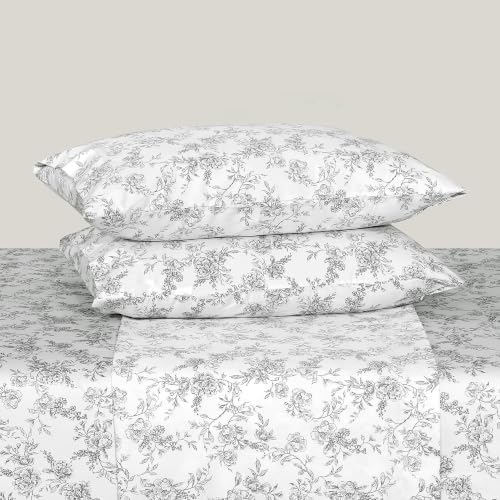 Image of Feather & Stitch Printed 500 TC Split King Size Sheet Set, 5 Piece Bed Sheets Set, 2 Twin Fitted Sheet, 1 King Flat Sheet & 2 King Pillowcases, 18 inch Deep Pockets Sateen Weave - Grey Floral Toile