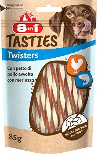 8in1 Tasties Twisters - Snack da masticare senza glutine con merluzzo e petto di pollo, 85