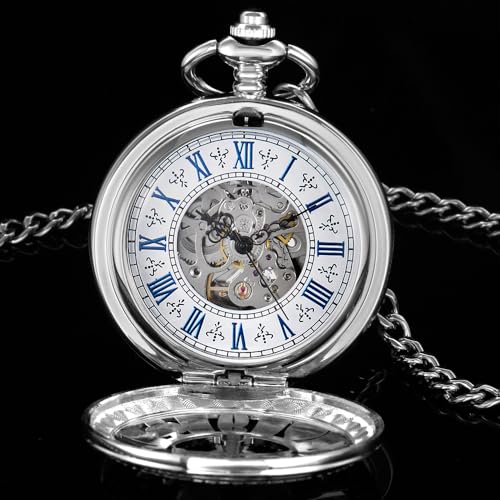 Image of Men's Mechanical Hollow Design Hand Wind Pocket Watch Roman Numerals Steampunk with Chain Box