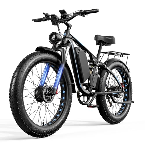 Pudari EB7Pro - Bicicleta eléctrica para adultos con motor dual de 52 V 23 Ah, batería de iones de litio, frenos de disco hidráulicos de 26 pulgadas, neumático grueso, bicicleta de montaña eléctrica