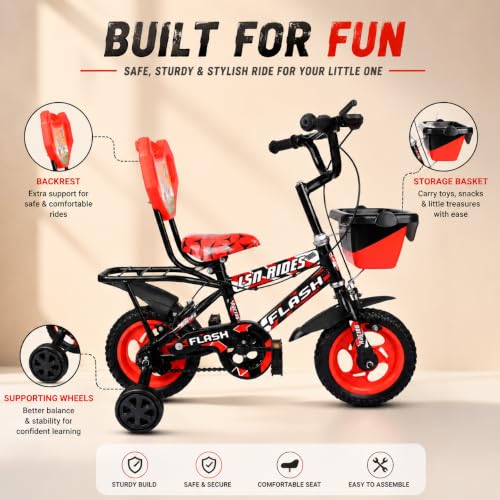 Image of Flash Baby Cycle for Kids 2-3Years | 10 Inch Bike with Training Wheels, Storage Basket, Comfortable Seat & Carrier