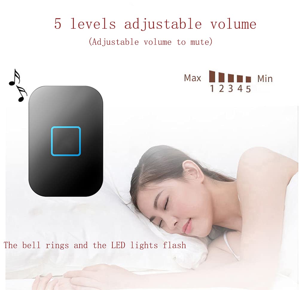 Timbre Inalámbrico Timbre Autoalimentado Inalámbrico Operado a 150 M De Alcance, Timbre Impermeable IP44, 60 Campanillas Fuertes con Luz LED Intermitente, Negro