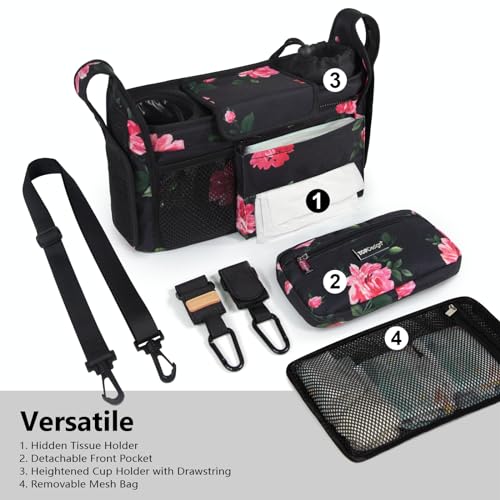 Image of TOPDesign Universal Baby Stroller Organizer, Stroller Caddy with Detachable Mesh Bag & Heightened Insulated Cup Holders & Non-Slip Secure Hooks Accessories, Fits Most Strollers (Peony)