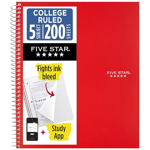 Image of Five Star Spiral Notebook + Study App, 5 Subject, College Ruled Paper, 8-1 /2 inch x 11 inch, 200 Sheets, Fights Ink Bleed, Water Resistant Cover, Fire Red (72077)