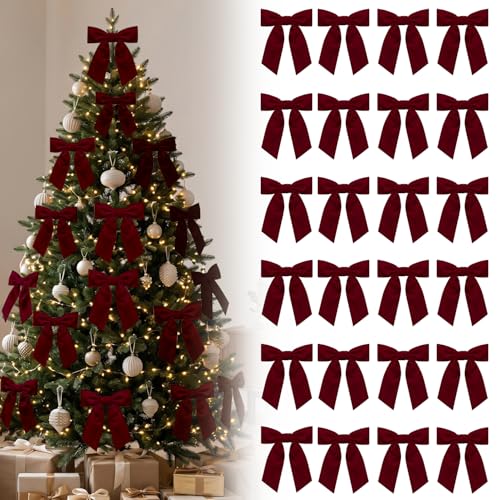 HIVTE 24 Pcs 4.7 Inch Burgundy Velvet Ribbon Gift Bows with Twist Ties for Christmas Wreaths Gift Wrapping Tree Decorations and Wedding Bows