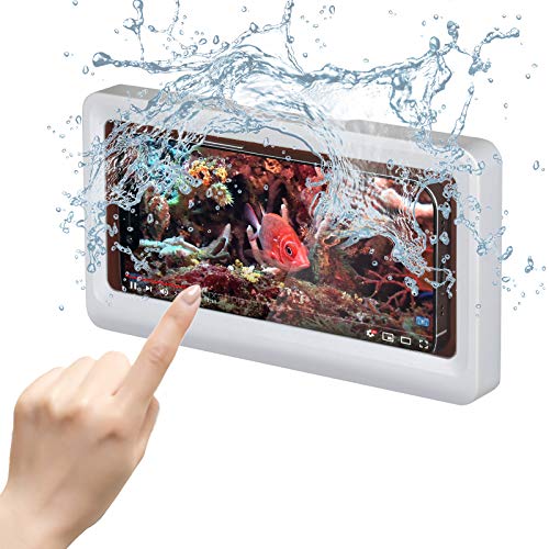 Bathroom Waterproof Phone Holder, Wall Mount Shower Case Mount Shelf, Waterproof Anti-Fog Touch Mobile Holder, Punch-Free, for Shower, Kitchen, Compatible with Mobile Phones Under 6.8 Inches (White)
