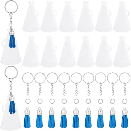 AHANDMAKER Juego de 20 llaveros acrílicos para megáfono de animación con borla, dijes de borla azul con llaveros transparentes para megáfono de