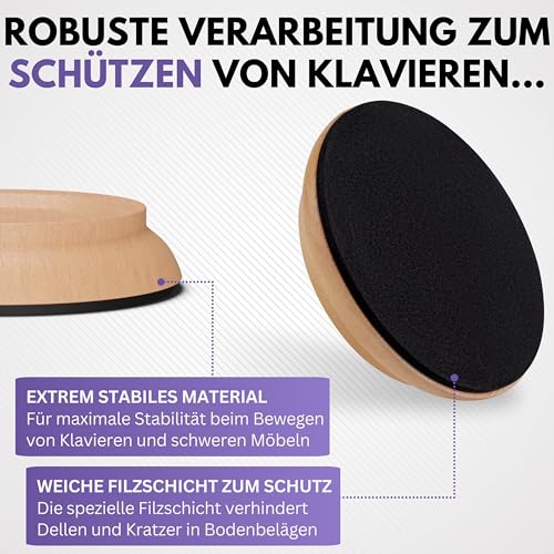 Filzada® 4x Klavieruntersetzer aus Hartholz NATUREICHE - Möbeluntersetzer für Schwere Möbel - hochwertige Piano Caster Cups - Möbel Untersetzer für alle Böden - Klavieruntersetzer Parkett