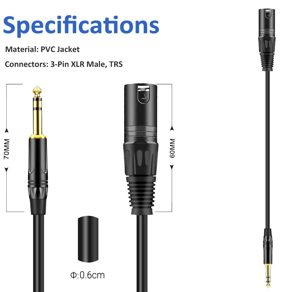 Kabel mikrofonowy audio stereo TRS męski na XLR męski kabel mikrofonowy stereo - pozłacany mono 1/4 cala męski na XLR męski zbalansowany kabel do mikrofonów, głośników, sceny, DJ i innych - czarny