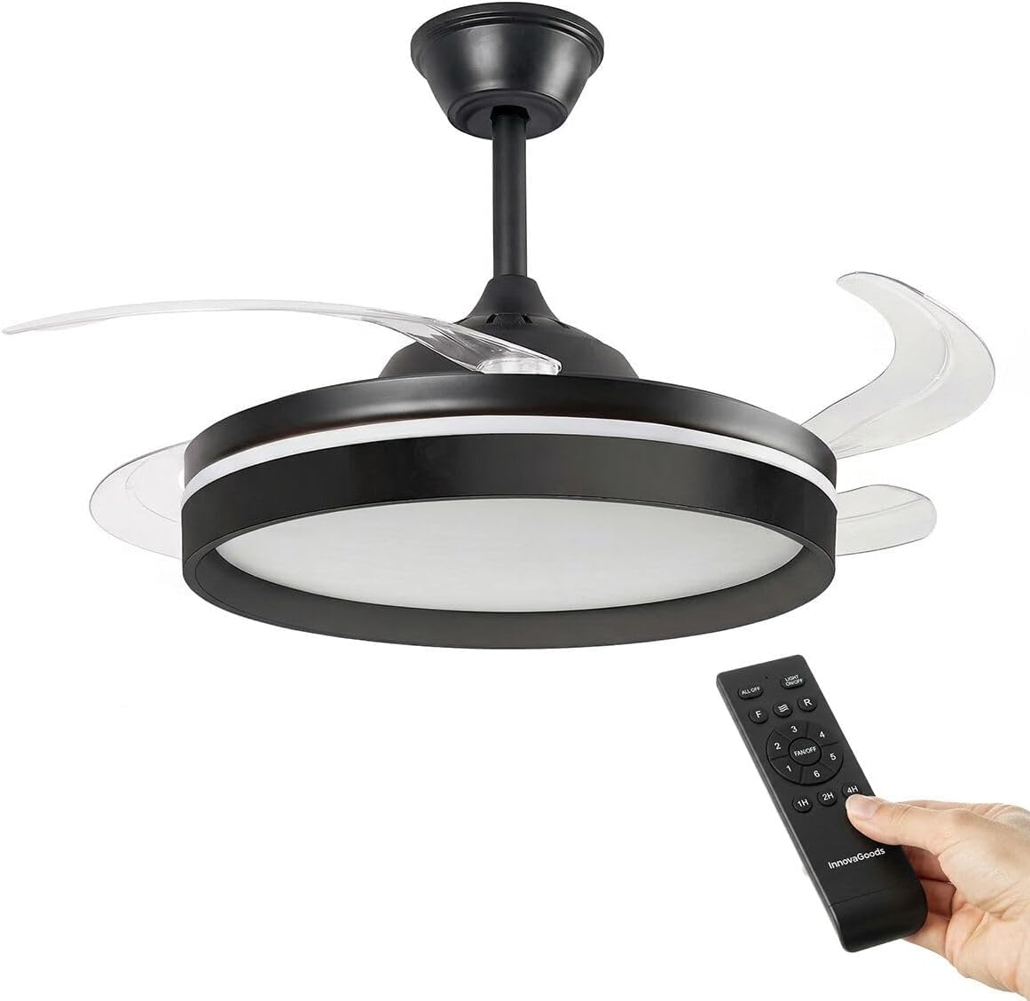 InnovaGoods® Ventilador de Techo con Aspas Retráctiles y Luz LED 72 W, 6 Velocidades, Temporizador, 3 Tipos de Luz, Mando a Distancia, Ø49-104 cm, Silencioso, Función Verano-Invierno. (Negro, 72 W)