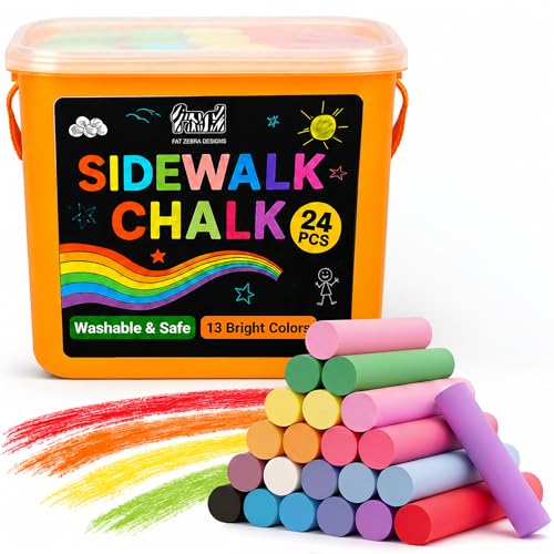 24 PCS Sidewalk Chalk for Kids - 13 Colors Bucket - Non-Toxic Washable Jumbo Chalks - Bulk Colored Set for Kids & Toddlers Outdoor Play, Chalkboard Art - Easy Carry & Mess-Free Storage