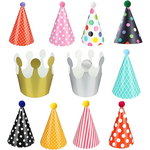 YTAXYZWR Sombreros de fiesta infantiles 11 unidades para cumpleaños, gorros con pompón y coronas doradas, diseño colorido y cómodo, accesorios para celebraciones y fotos