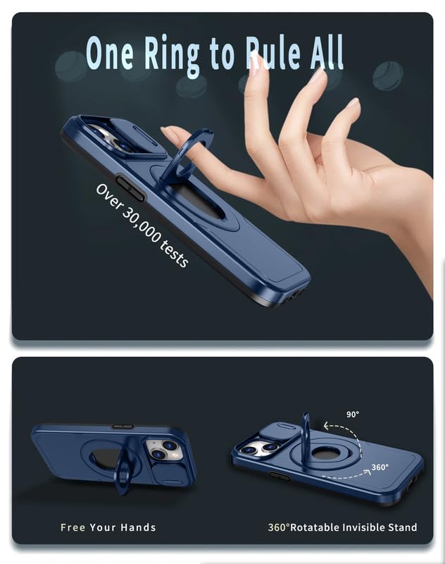 Image of LuxuryKase MagSafe Shockproof Rugged Back Case for iPhone 14 Plus | Finger Ring Kickstand & Sliding Camera Cover | Military Drop Protection | Wireless Charging Support - Blue