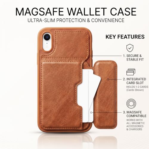 Image of amazon basics Luxury Vegan Leather Back Cover for iPhone XR | Built-in Card Holder Slot | Integrated Mobile Stand | Slim Shockproof Protective Case with Stitched Finish - Tan